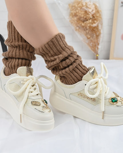 Дамски спортни обувки, с мрежести вложки, с камъни, D1375, Бежов