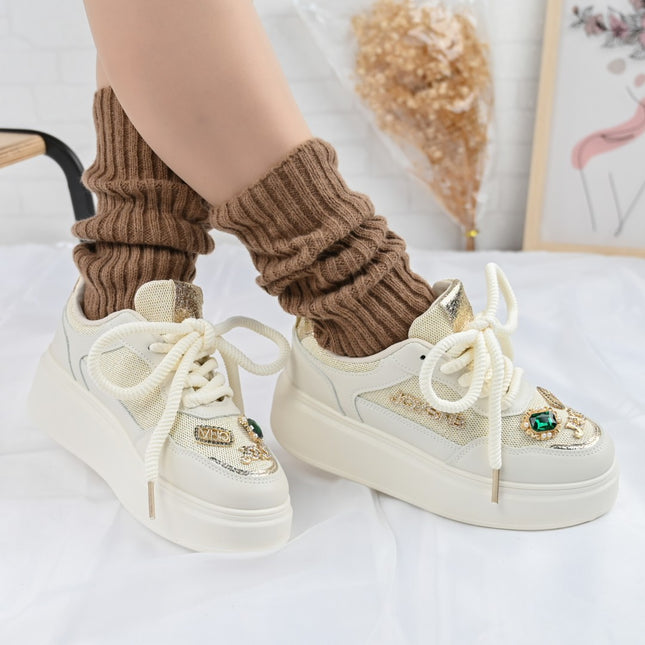 Pantofi sport De dama,cu insertii de plasa,Cu pietre,D1375,Beige