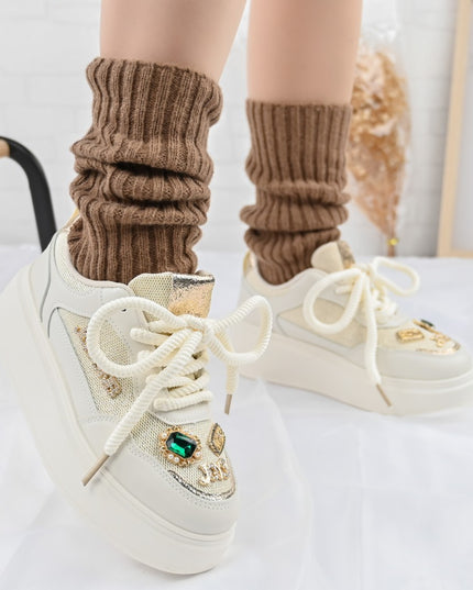 Дамски спортни обувки, с мрежести вложки, с камъни, D1375, Бежов