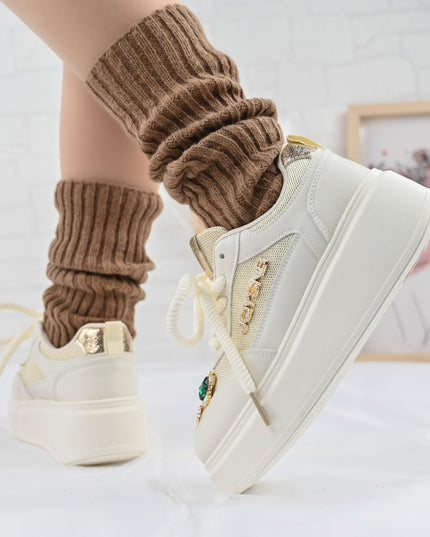 Дамски спортни обувки, с мрежести вложки, с камъни, D1375, Бежов