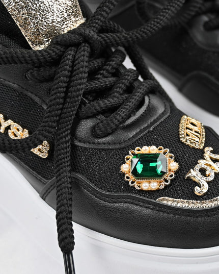 Дамски спортни обувки, с мрежести вложки, с камъни, D1375, Черни