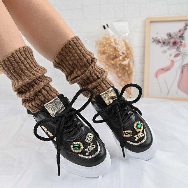 Дамски спортни обувки, с мрежести вложки, с камъни, D1375, Черни