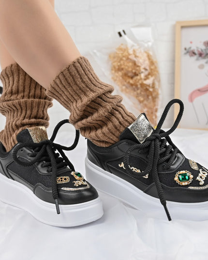 Дамски спортни обувки, с мрежести вложки, с камъни, D1375, Черни