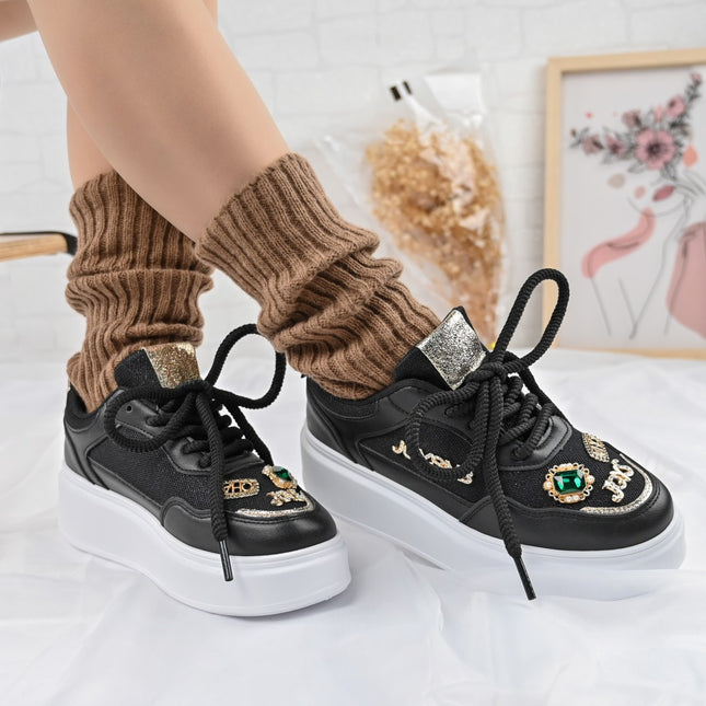 Pantofi sport De dama,cu insertii de plasa,Cu pietre,D1375,Negru