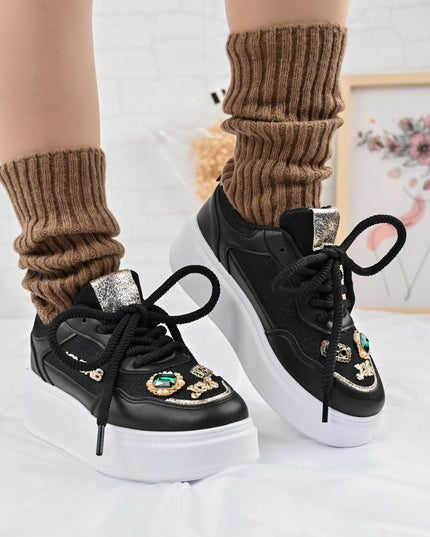 Дамски спортни обувки, с мрежести вложки, с камъни, D1375, Черни