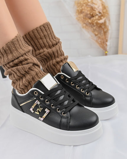 Дамски спортни обувки, изработени от екокожа, с камъни, D1368, черни