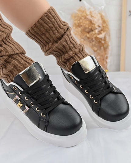 Дамски спортни обувки, изработени от екокожа, с камъни, D1368, черни