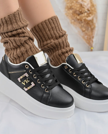 Дамски спортни обувки, изработени от екокожа, с камъни, D1368, черни