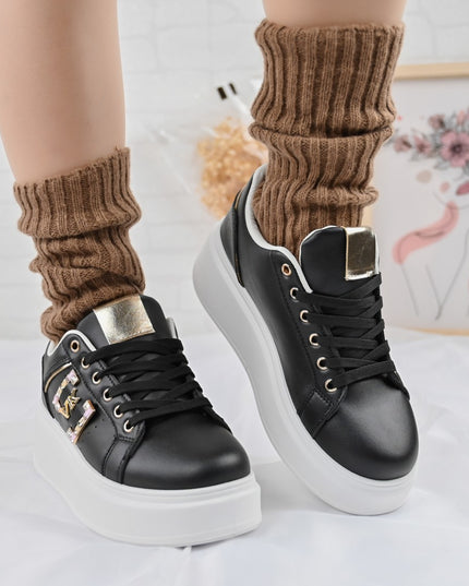 Дамски спортни обувки, изработени от екокожа, с камъни, D1368, черни