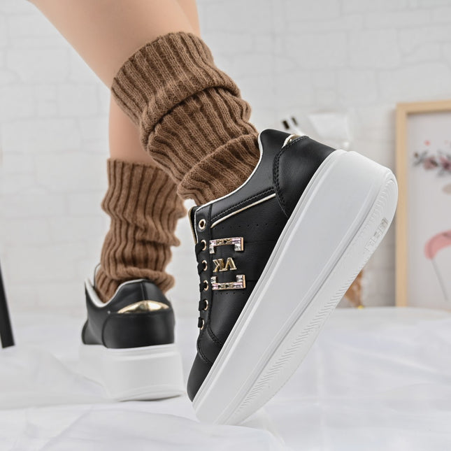 Дамски спортни обувки, изработени от екокожа, с камъни, D1368, черни