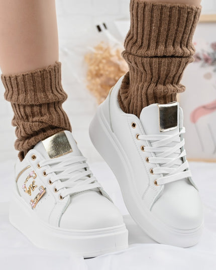 Дамски спортни обувки, изработени от екокожа, с камъни, D1368, бели със златно