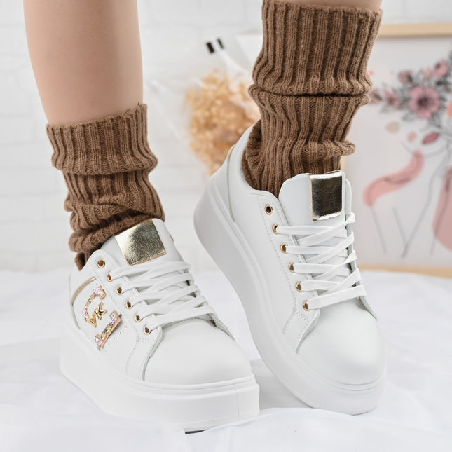 Дамски спортни обувки, изработени от екокожа, с камъни, D1368, бели със златно