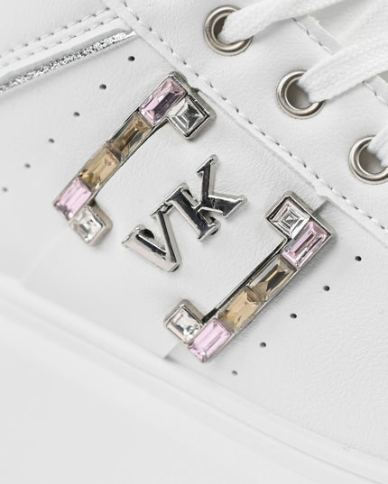 Дамски спортни обувки, изработени от екокожа, с камъни, D1368, бели със сребристо