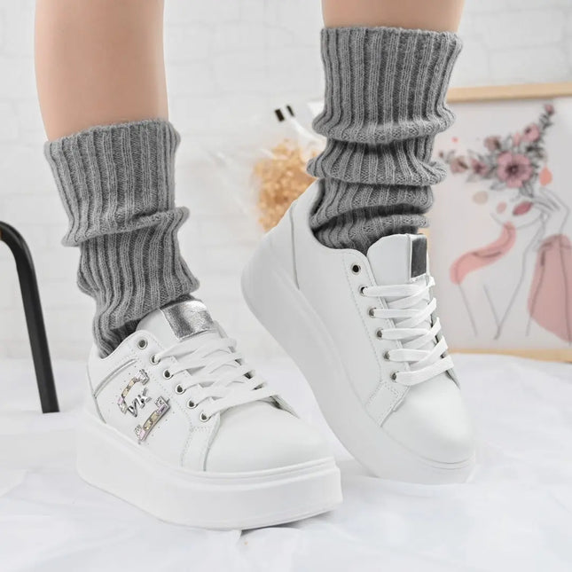 Pantofi Sport De Dama,Din piele Ecologica,Cu pietre,D1368,Alb cu Argintiu OEM