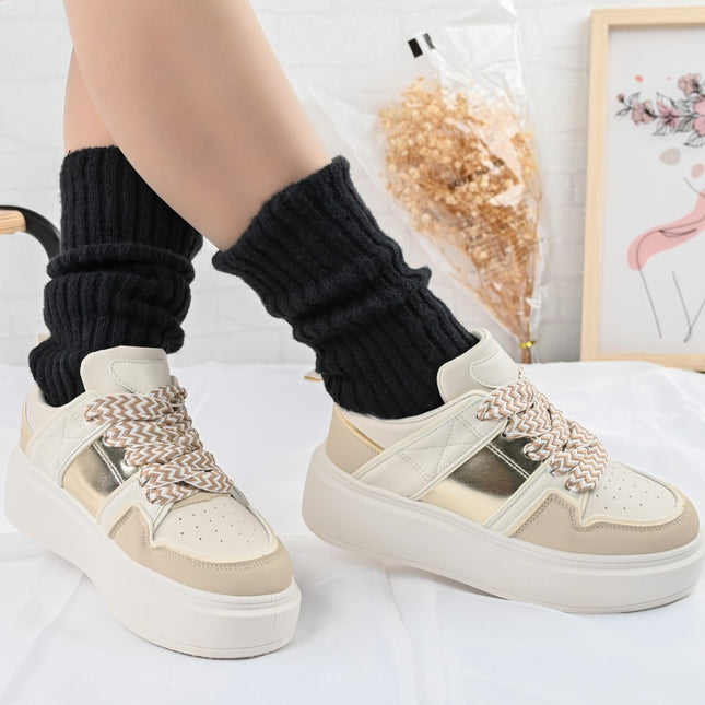 Дамски спортни обувки, D1308, Изработени от екологична кожа, Бежови