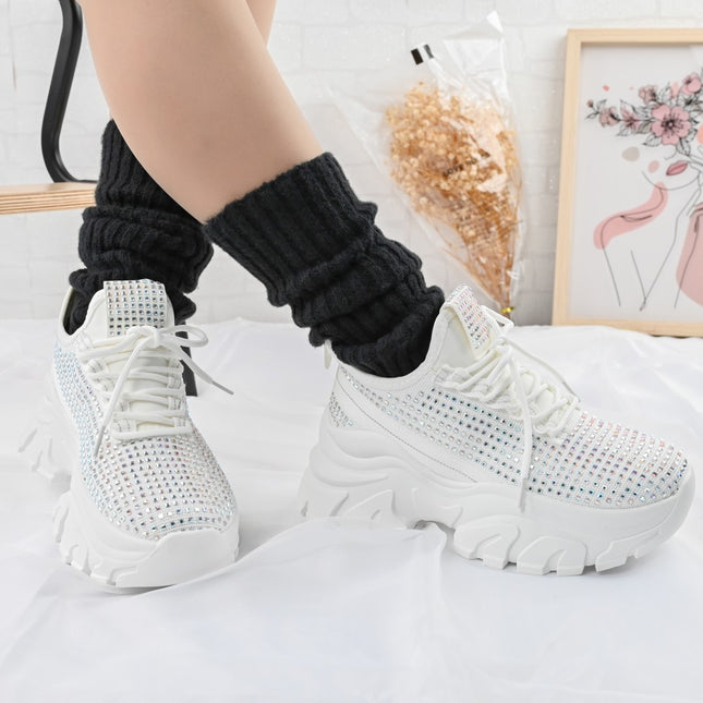 Дамски спортни обувки 0146 с камъни Бели