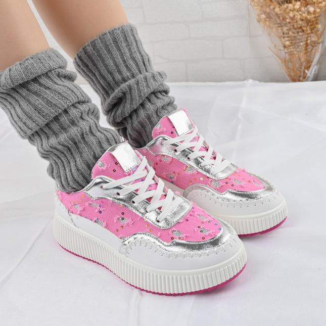 Дамски спортни обувки, С дънкови апликации, D1327, Розови