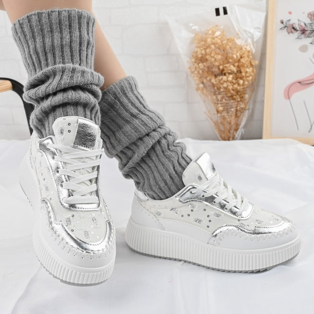 Pantofi sport de dama,Cu aplicarii de denim,D1327,Alb