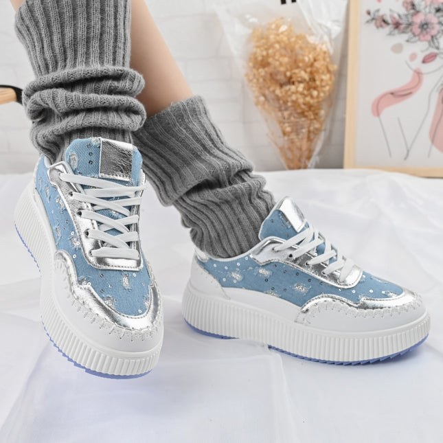 Дамски спортни обувки, С дънкови апликации, D1327, Сини