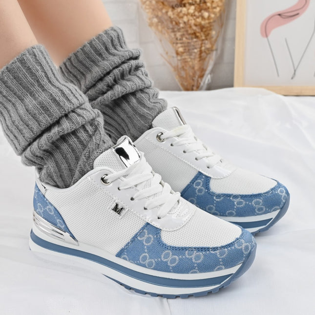 Дамски спортни обувки, с мрежести вложки, 1266, Бяло със синьо