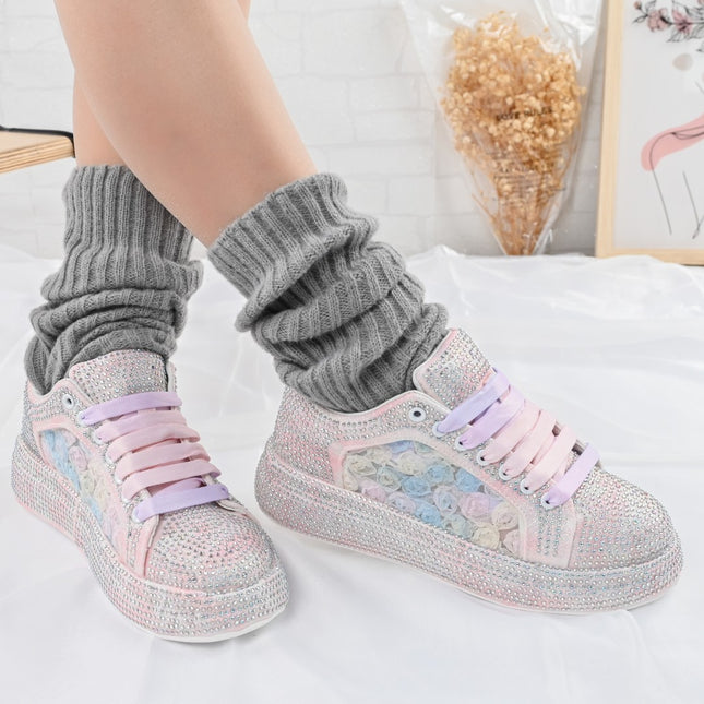 Pantofi Sport De Dama,Cu platforma cu strasuri stralucitoare,D1417,Roz