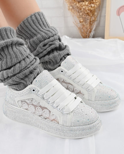 Дамски спортни обувки, с платформа с блестящи кристали, D1417, бели
