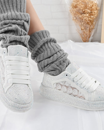 Дамски спортни обувки, с платформа с блестящи кристали, D1417, бели