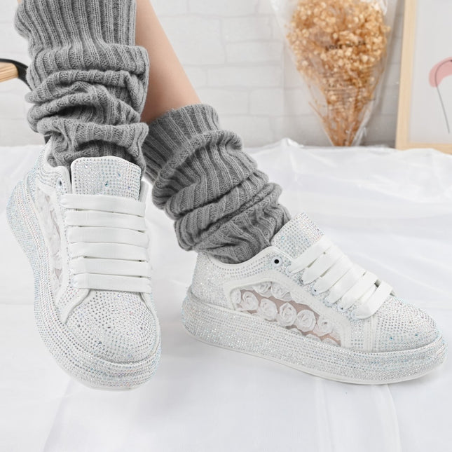 Pantofi Sport De Dama,Cu platforma cu strasuri stralucitoare,D1417,Alb