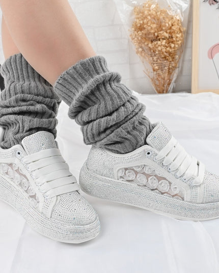 Дамски спортни обувки, с платформа с блестящи кристали, D1417, бели