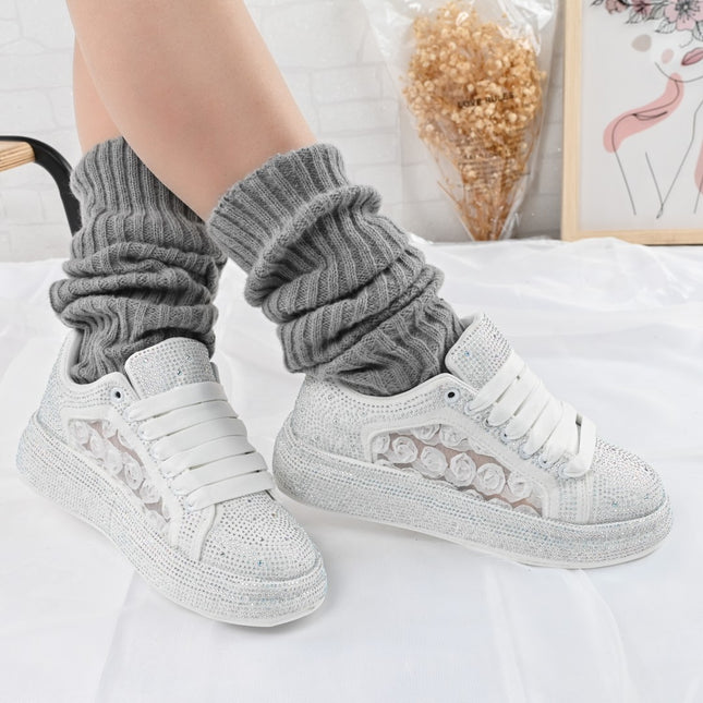 Pantofi Sport De Dama,Cu platforma cu strasuri stralucitoare,D1417,Alb