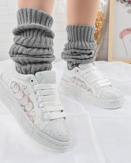Дамски спортни обувки, с платформа с блестящи кристали, D1417, бели