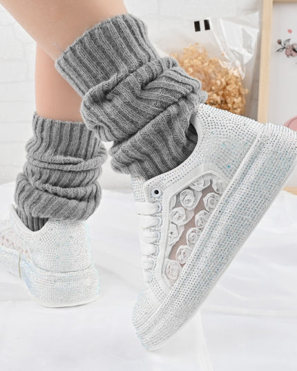 Дамски спортни обувки, с платформа с блестящи кристали, D1417, бели