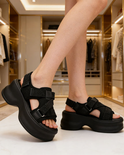 Sandale de dama cu platforma, din Piele Din Material Textil, SA78 - Negru
