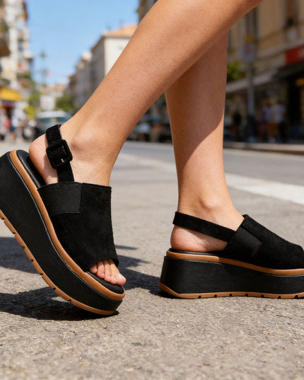 Sandale de dama cu platforma, din Piele Ecologica Intoarsa, SA74 - Negru