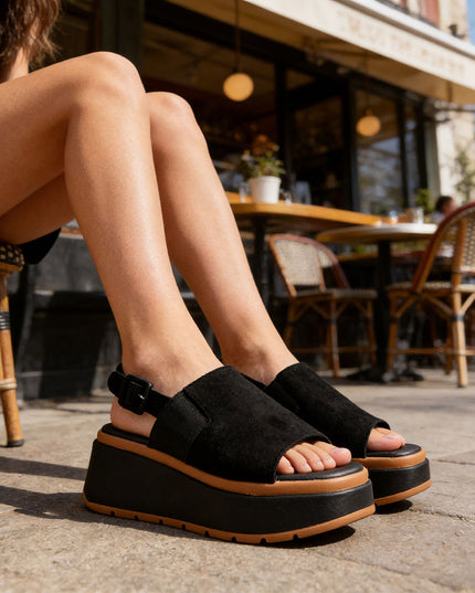 Sandale de dama cu platforma, din Piele Ecologica Intoarsa, SA74 - Negru