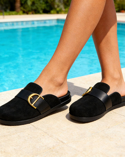 Papuci Casual De Dama din piele ecologica intoarsa, SP113 - Negru