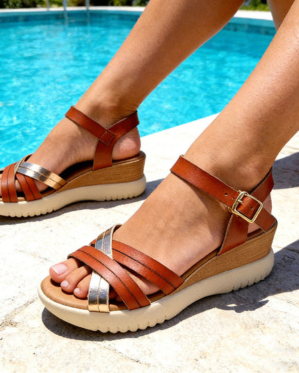Sandale de dama,Cu platforma,Din Piele Ecologica,SA71,Camel