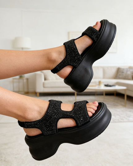 Sandale de dama cu platforma, din Piele Din Material Textil, SA77 - Negru