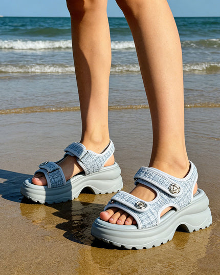 Sandale de dama cu platforma, din Material Textil, SA69 - Albastru