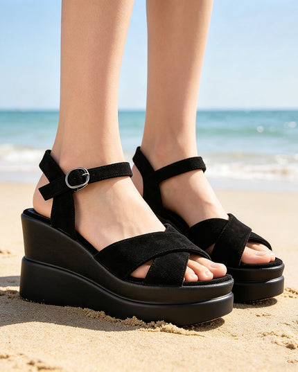 Sandale de dama cu platforma, din Piele Ecologica Intoarsa, SA23 - Negru