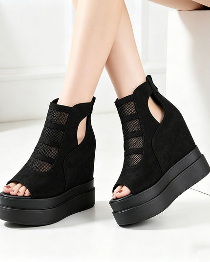 Sandale de dama cu platforma, din Piele Ecologica Intoarsa, SA19 - Negru