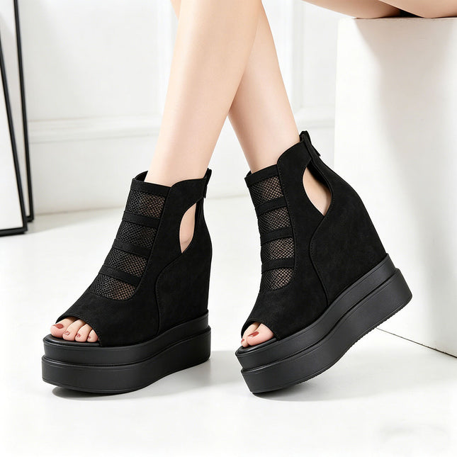 Sandale de dama,Cu platforma,Din Piele Ecologica Intoarsa,SA19,Negru
