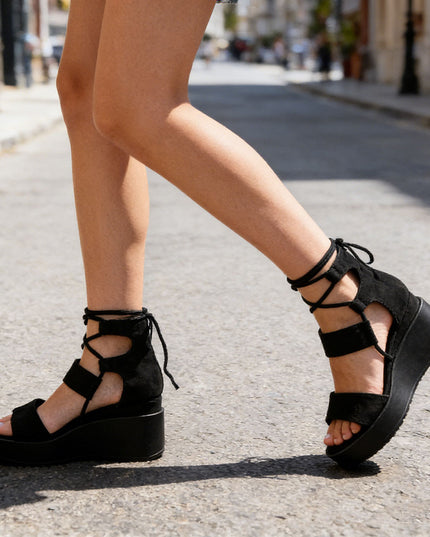 Sandale de dama cu platforma, din Piele Ecologica Intoarsa, SA32 - Negru