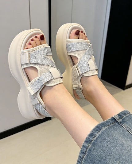 Sandale de dama cu platforma, din Piele Din Material Textil, SA78 - Bej