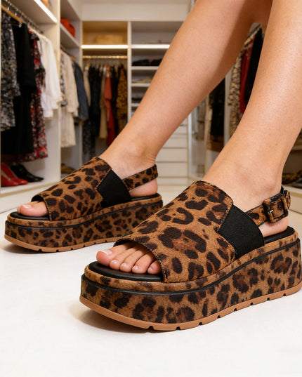 Sandale de dama cu platforma, din Piele Ecologica Intoarsa, SA74 - Leopard