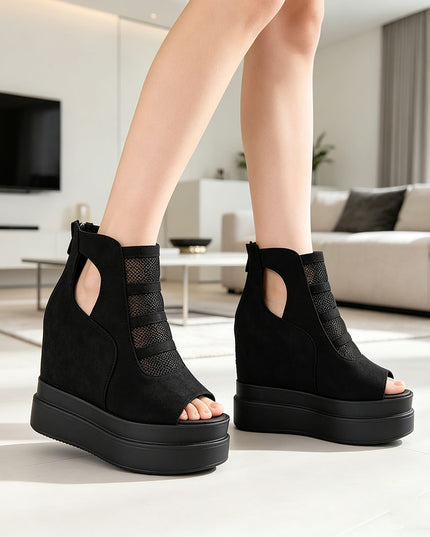 Sandale de dama cu platforma, din Piele Ecologica Intoarsa, SA19 - Negru