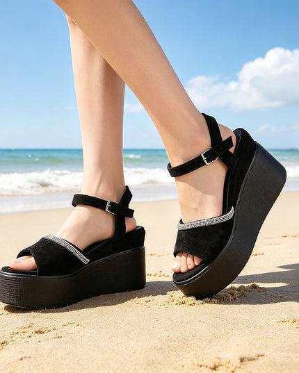 Sandale de dama cu platforma, din Piele Ecologica Intoarsa, SA17 - Negru