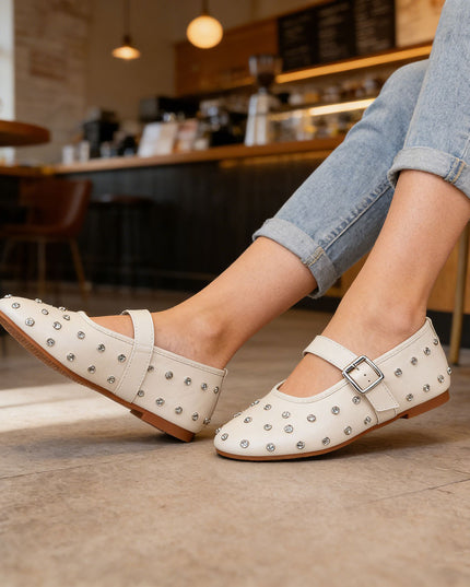 Balerini Casual De Dama cu strasuri stralucitoare, BL501 - Bej Deschis