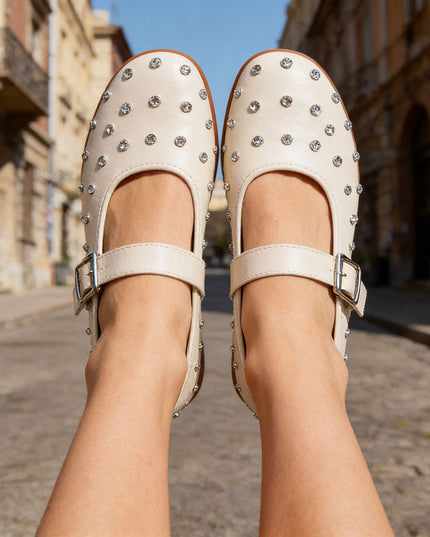 Balerini Casual De Dama cu strasuri stralucitoare, BL501 - Bej Deschis