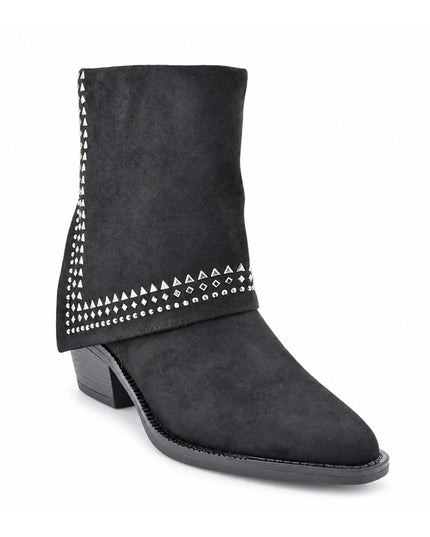 Botine de damă ,Din piele ecologică întoarsă,cu ținte și toc gros,BD1020,Negre